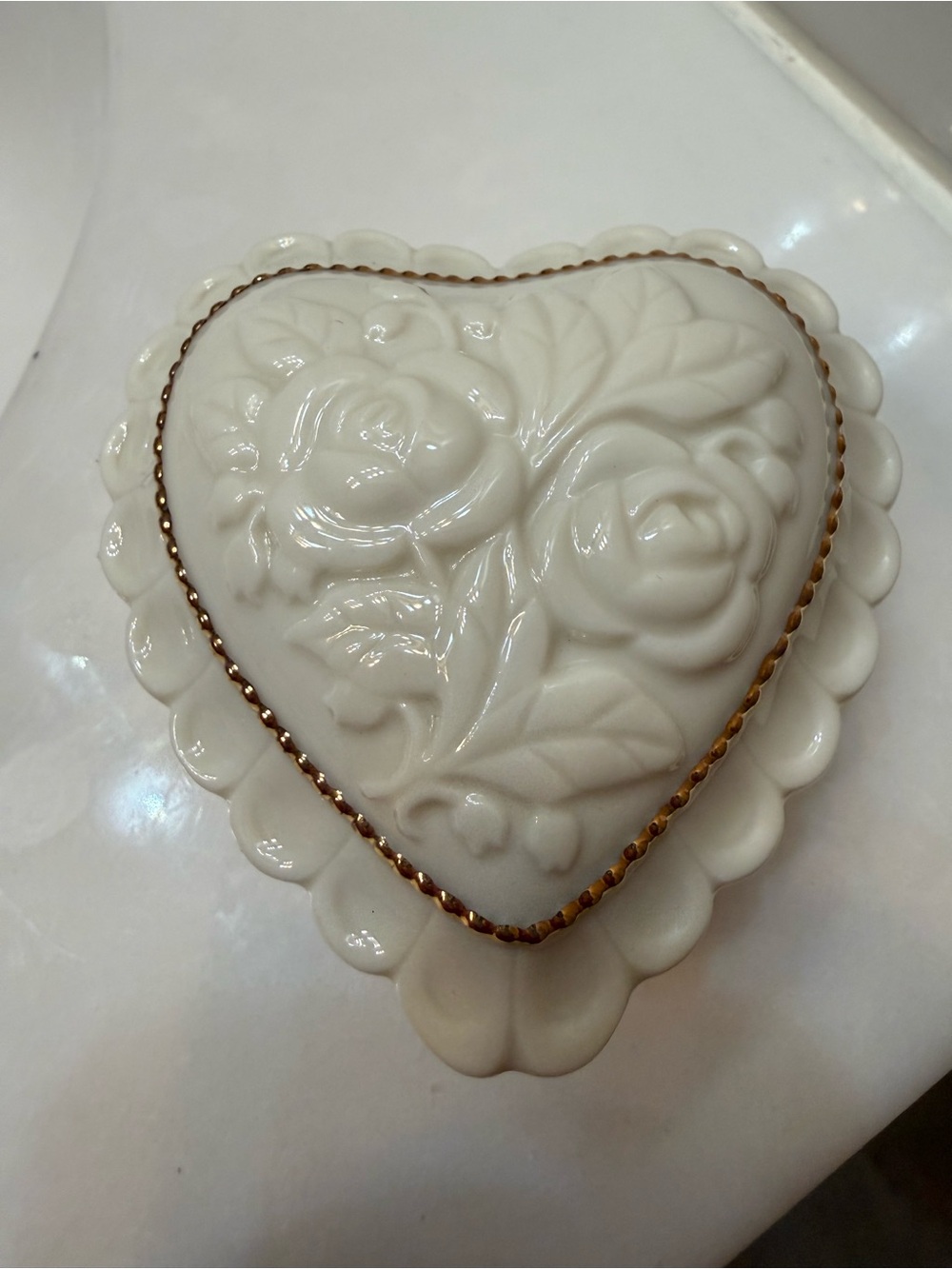 Lenox White Heart-Shaped Floral Trinket Box with Gold Trim